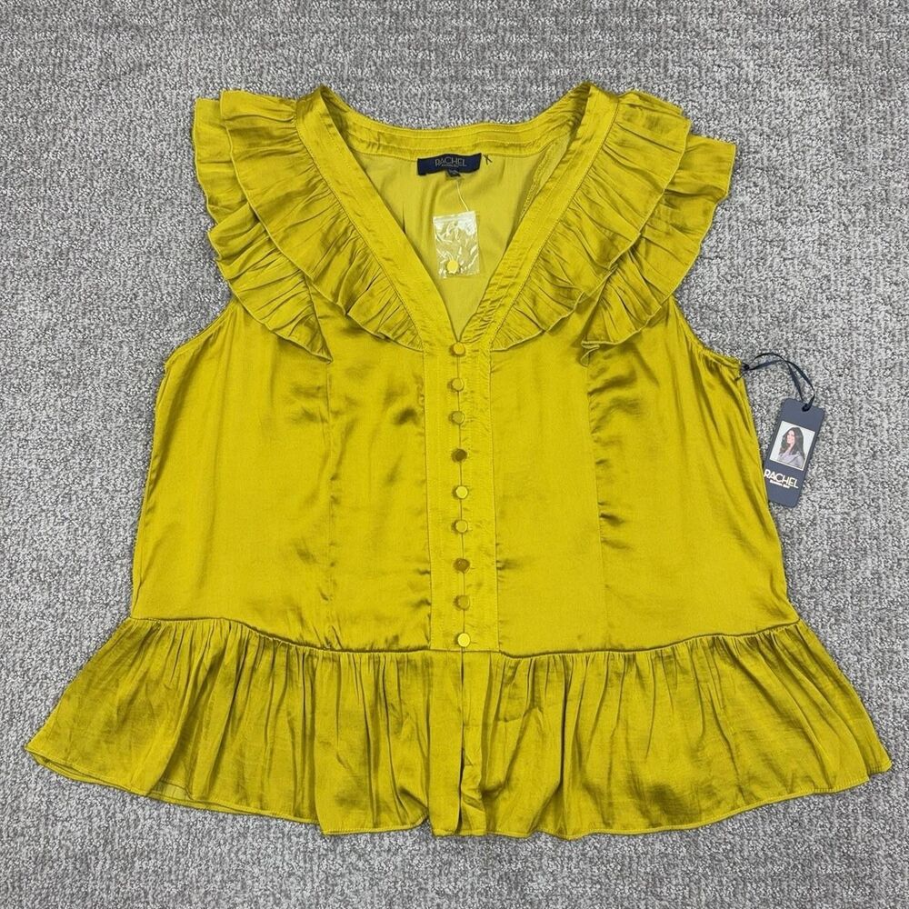 RACHEL Rachel Roy Top Womens 1X Yellow Satin Ruffle Peplum Blouse Sleeveless
